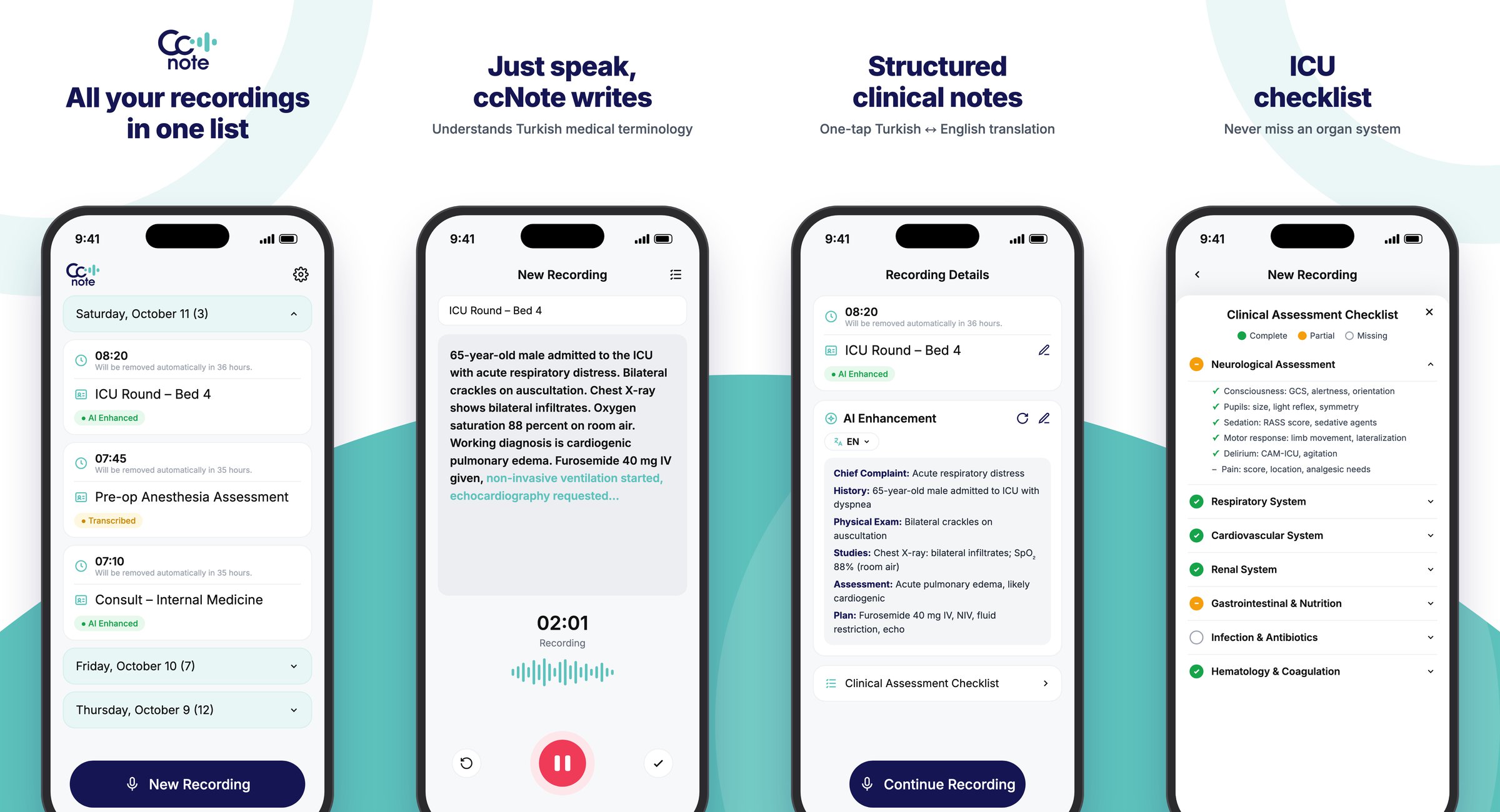 Representative illustration of the ccNote iOS app interface (sample content): recording list, voice recording, record details and ICU checklist