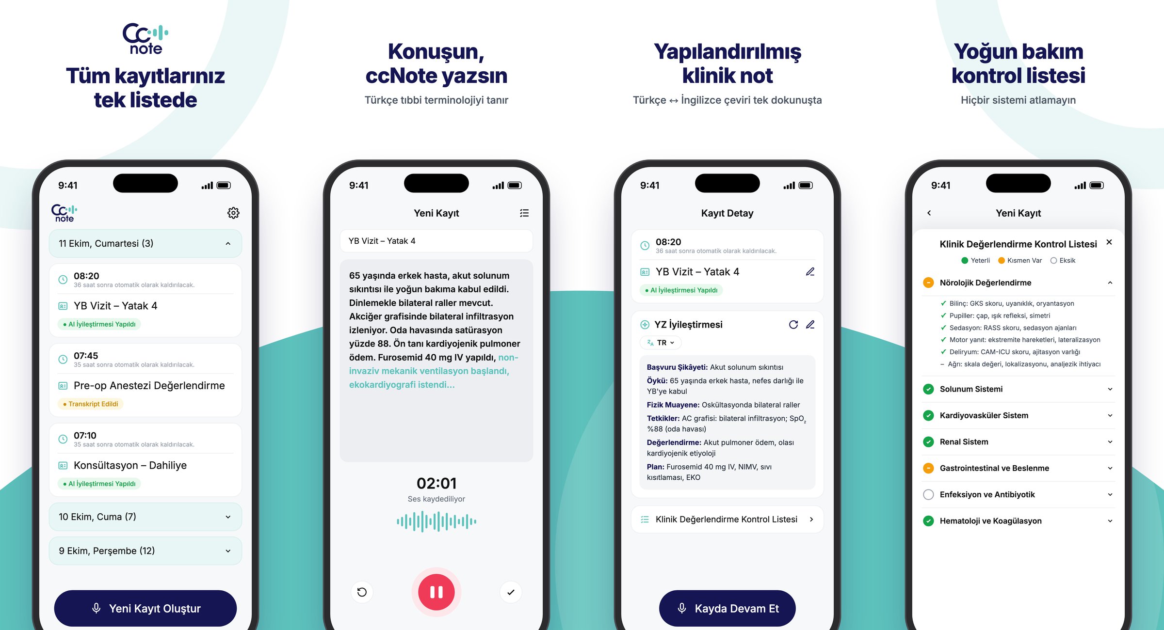 ccNote iOS uygulaması arayüzünün temsili görseli (örnek içerik): kayıt listesi, sesli kayıt, kayıt detayı ve yoğun bakım kontrol listesi